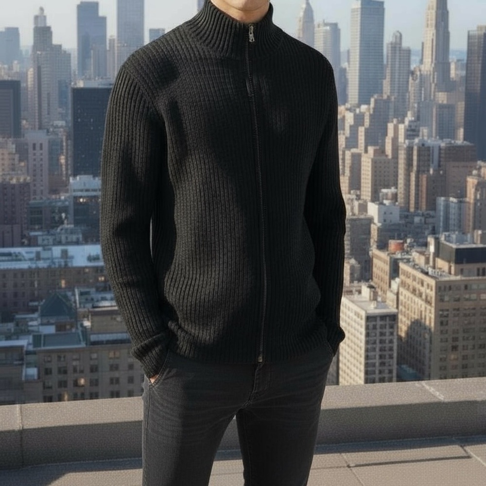 Express Men's Ribbed Black Zip-Up Sweater Size Large